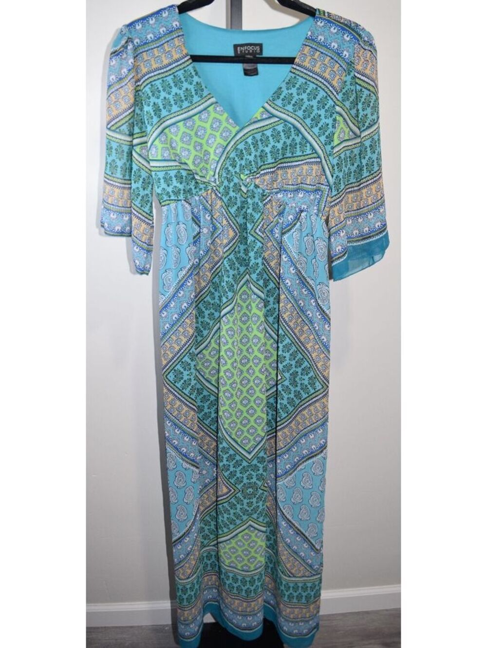 Enfocus Studio Women's Maxi Dress Size 12 Blue Green Pattern Boho Resort Cruise